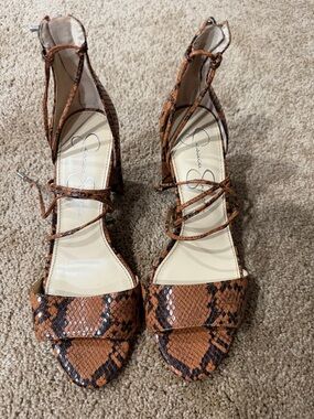 Jessica Simpson Tan & Black Snake-Print Lace-Up Heels